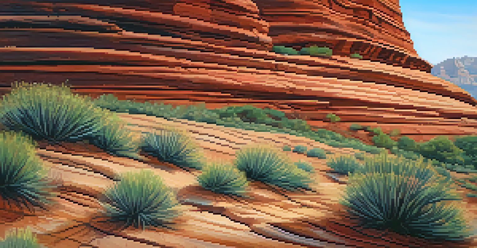 A close-up view of the textured sandstone of Bell Rock, showcasing its layers and vibrant colors with small desert plants around it.