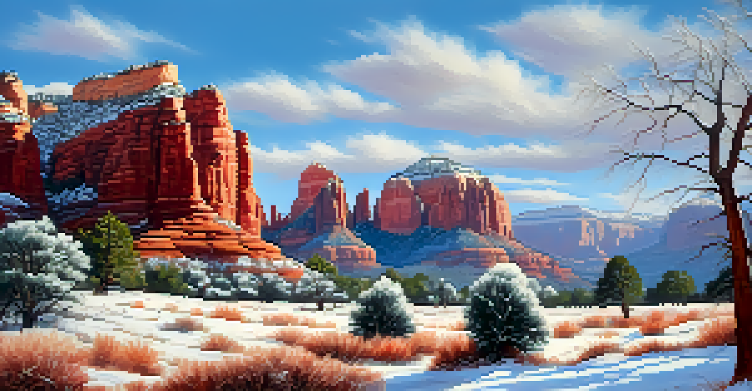 A winter scene in Sedona, Arizona, with light snow on red rock formations and pine trees.