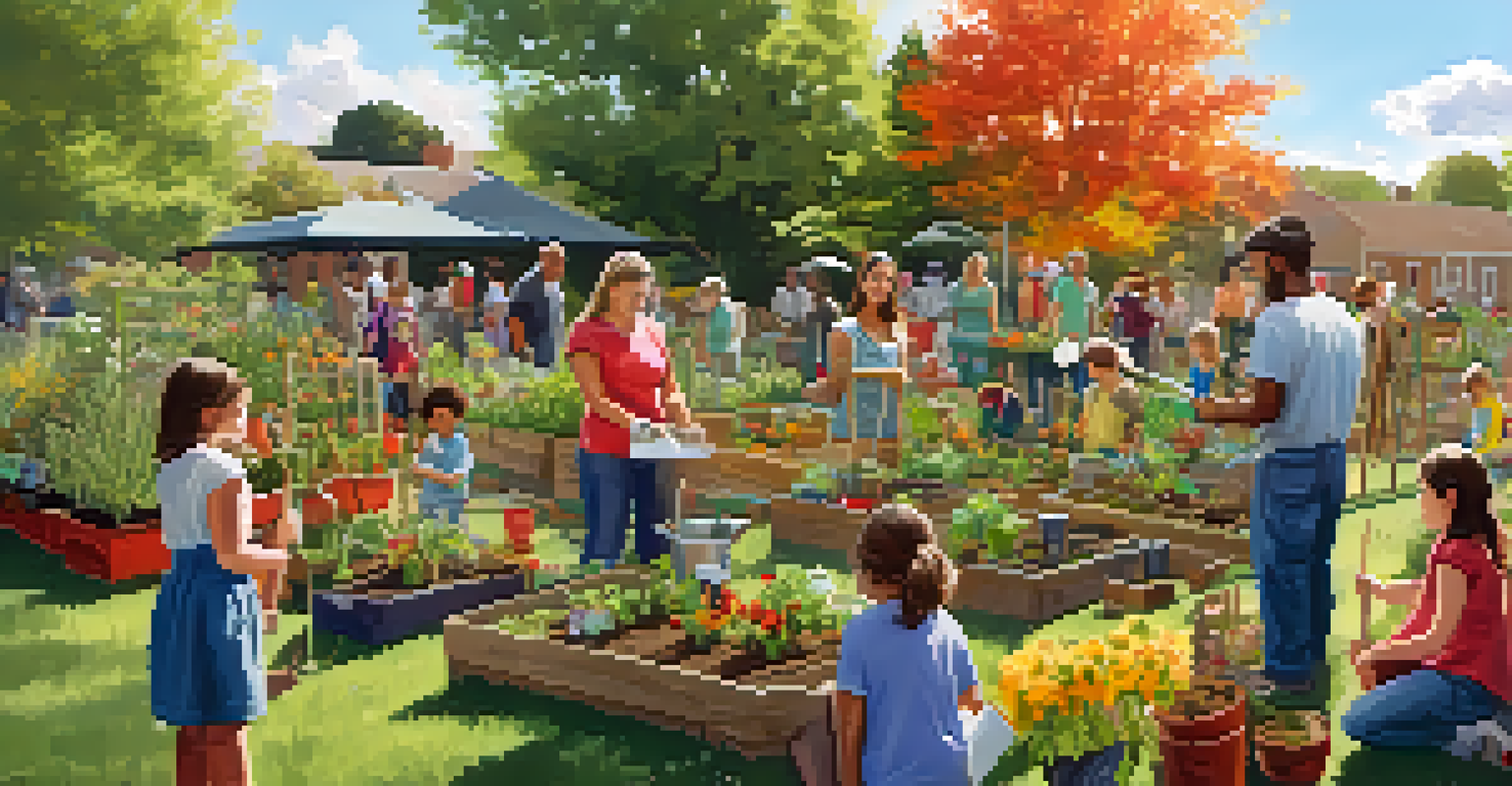 A diverse group of people participating in a gardening workshop in a colorful community garden.