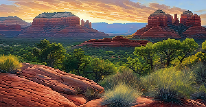 A beautiful sunset over Sedona's red rock formations with green plants in the foreground.
