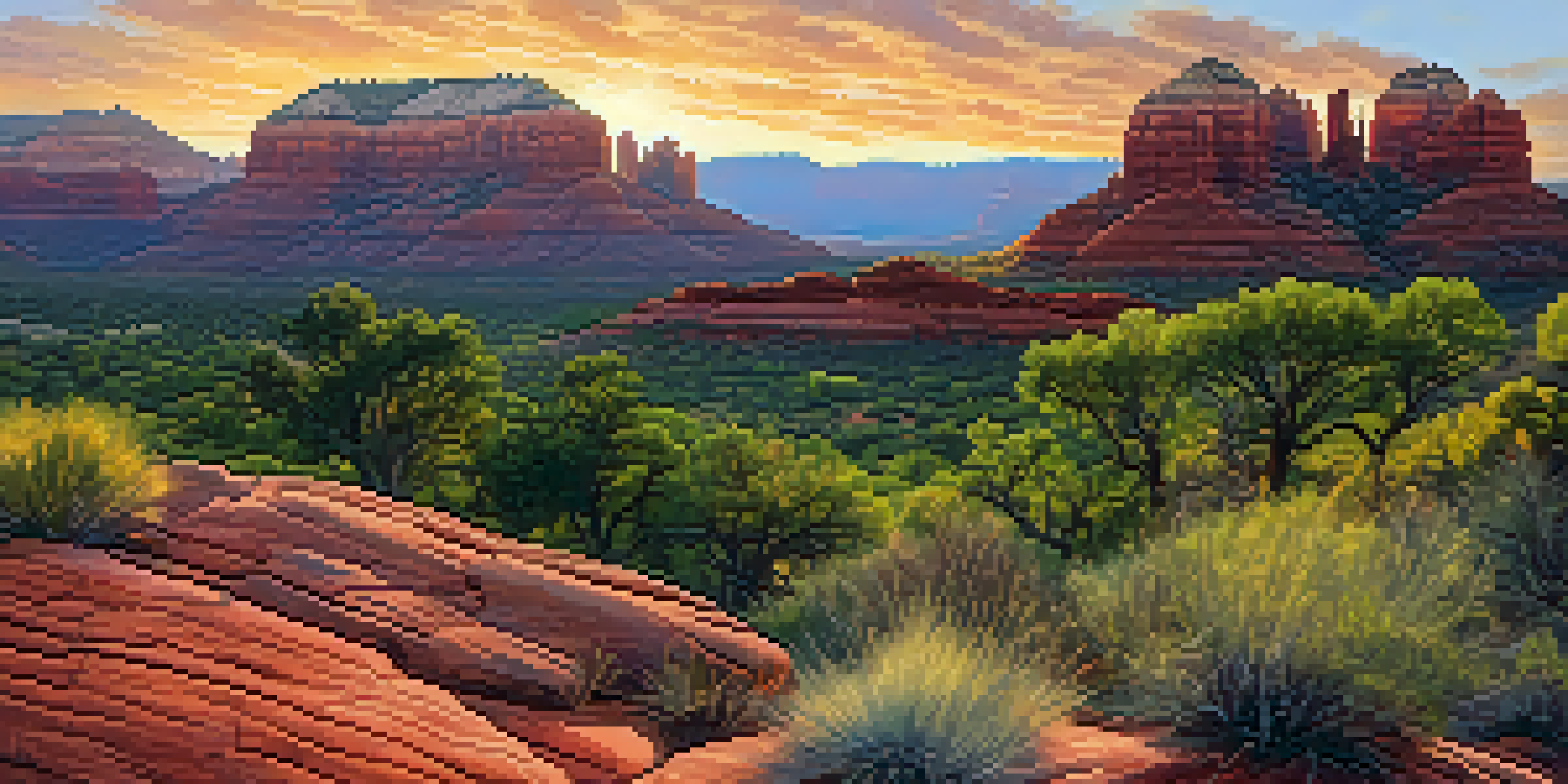 A beautiful sunset over Sedona's red rock formations with green plants in the foreground.