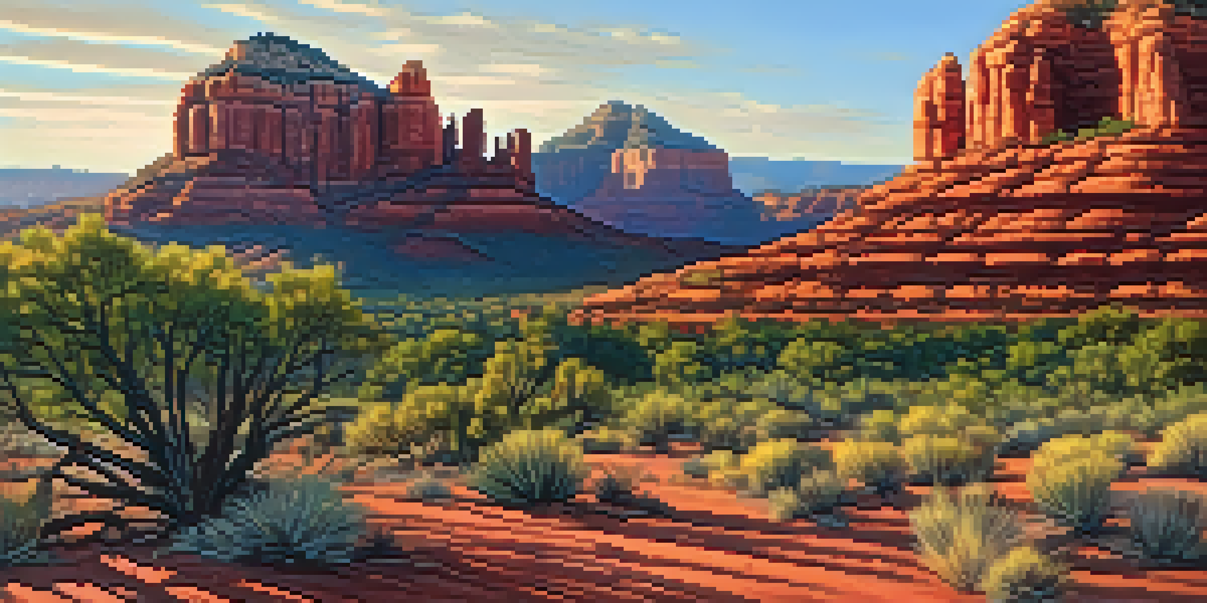 A stunning sunset view of Sedona's red rock formations with desert plants in the foreground.