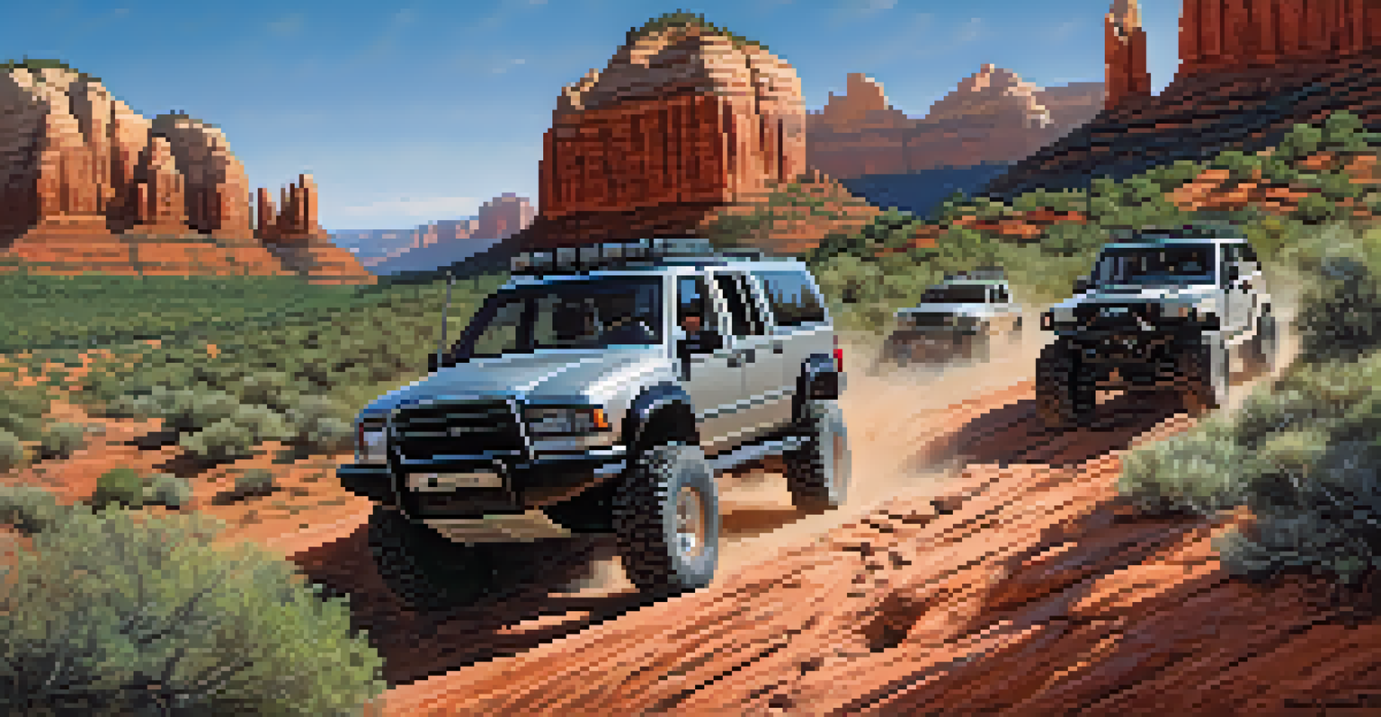 A group of off-road vehicles tackling a steep trail in Sedona, surrounded by red rock cliffs and clear blue skies.