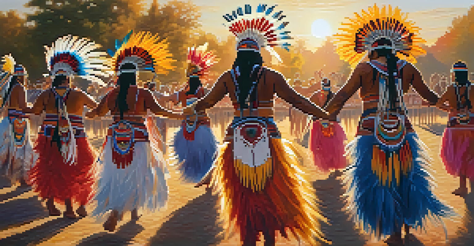 Dancers in traditional attire performing at a festival, with a sunset casting a golden glow over the lively scene.