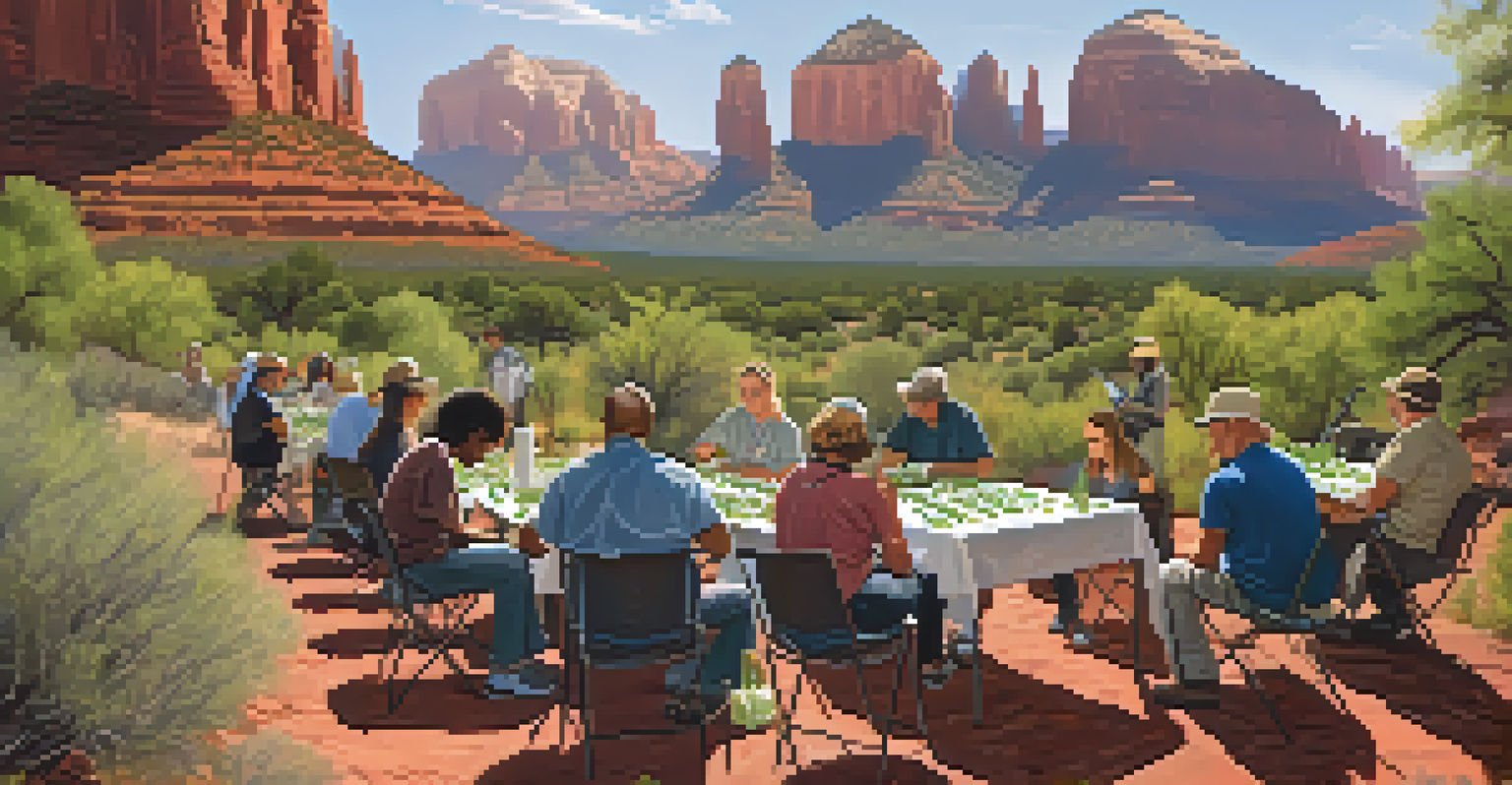 A diverse group of people attending an outdoor workshop on invasive species management in Sedona, with samples of invasive plants on display.