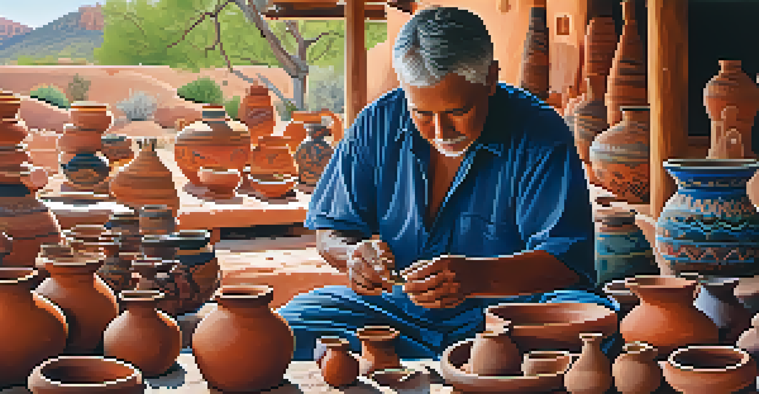 An artisan showcasing handmade pottery at a market, with colorful pieces and intricate designs, captured in soft natural light.