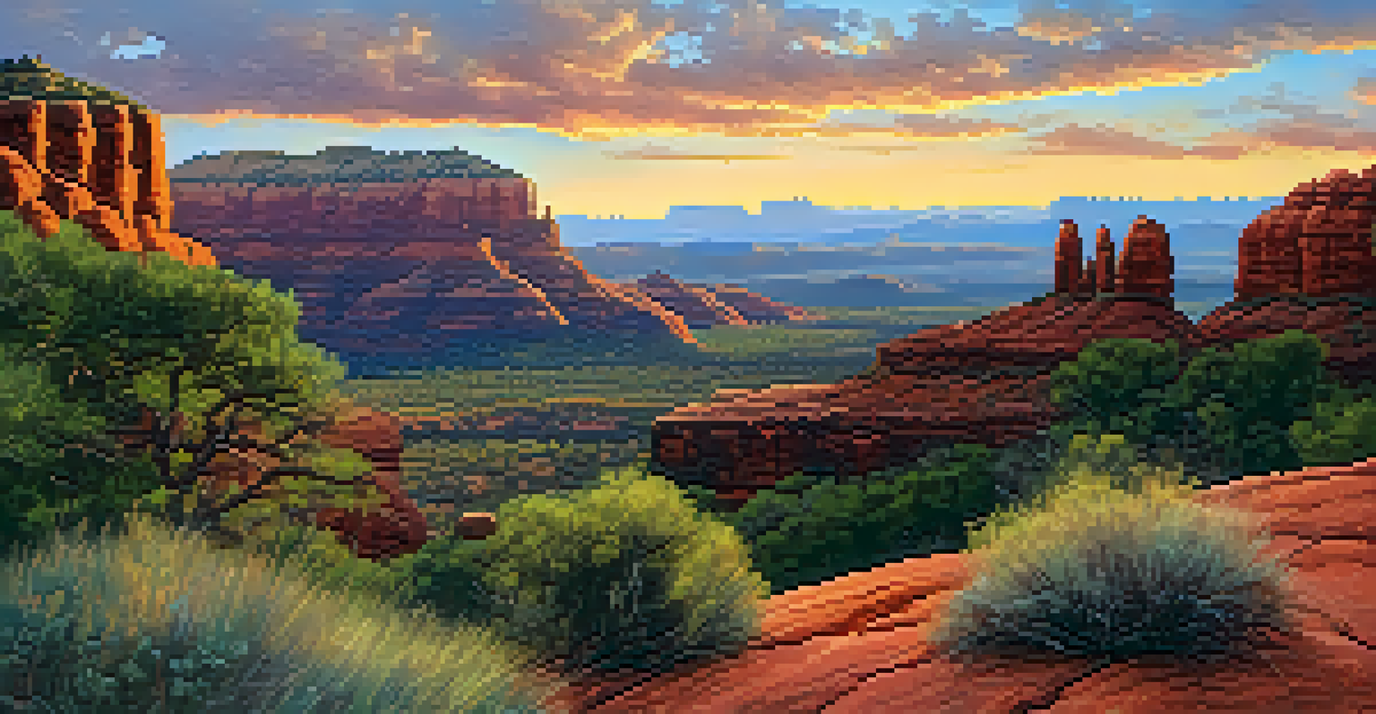 A panoramic view from Airport Mesa in Sedona, showcasing red rock formations and a colorful sunset sky.