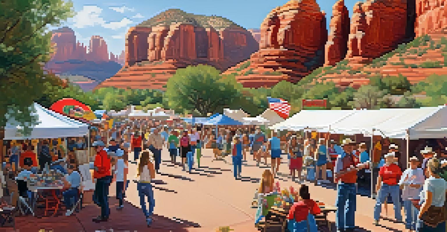 Volunteers setting up booths at a lively community festival in Sedona with vibrant decorations and local art displays.
