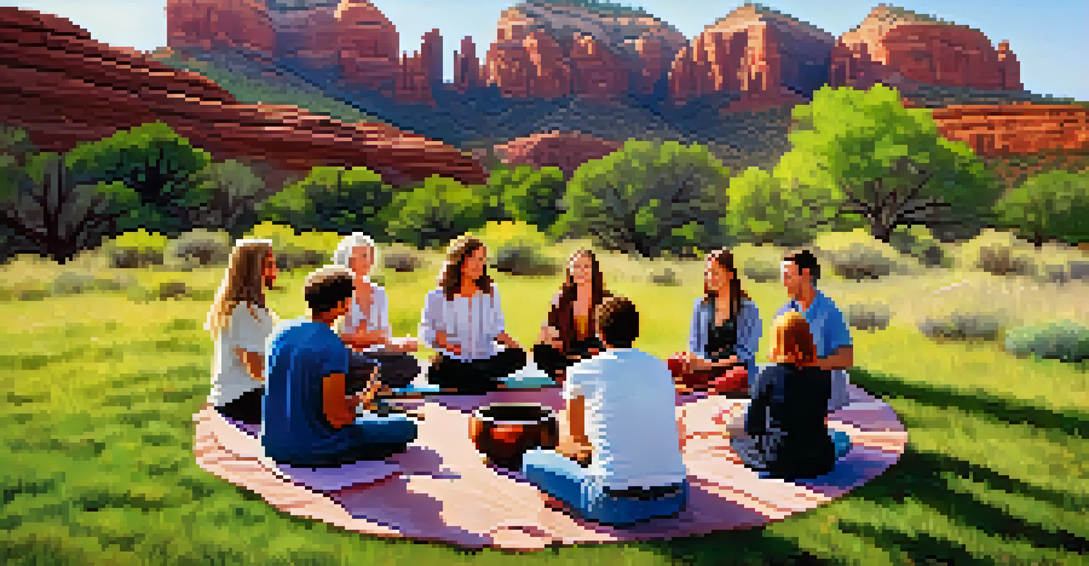 A group engaged in a sound therapy session outdoors with singing bowls, set against Sedona's red rock backdrop.