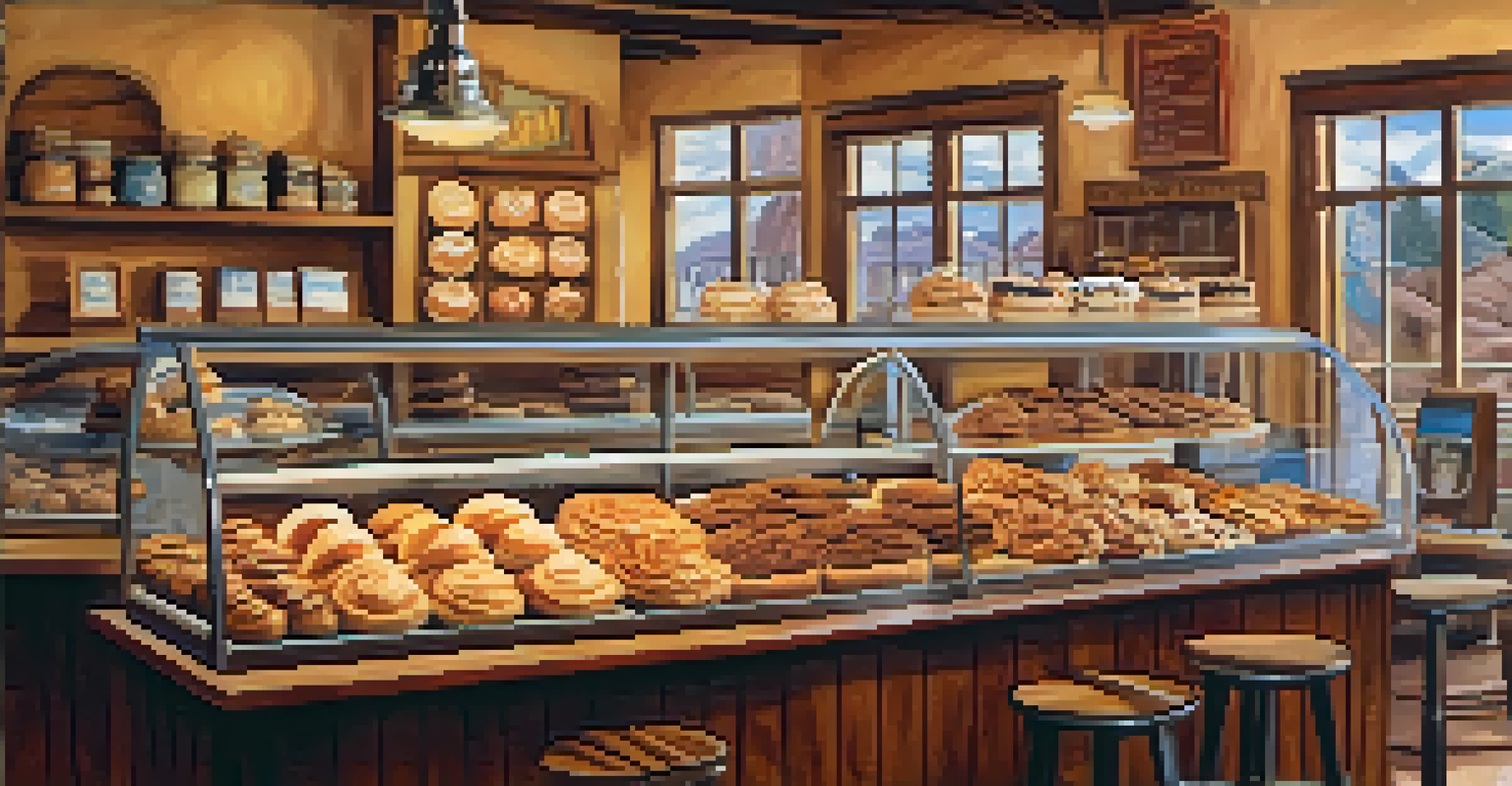 A cozy bakery scene showing a counter filled with pastries and customers enjoying coffee in a warm, inviting setting.