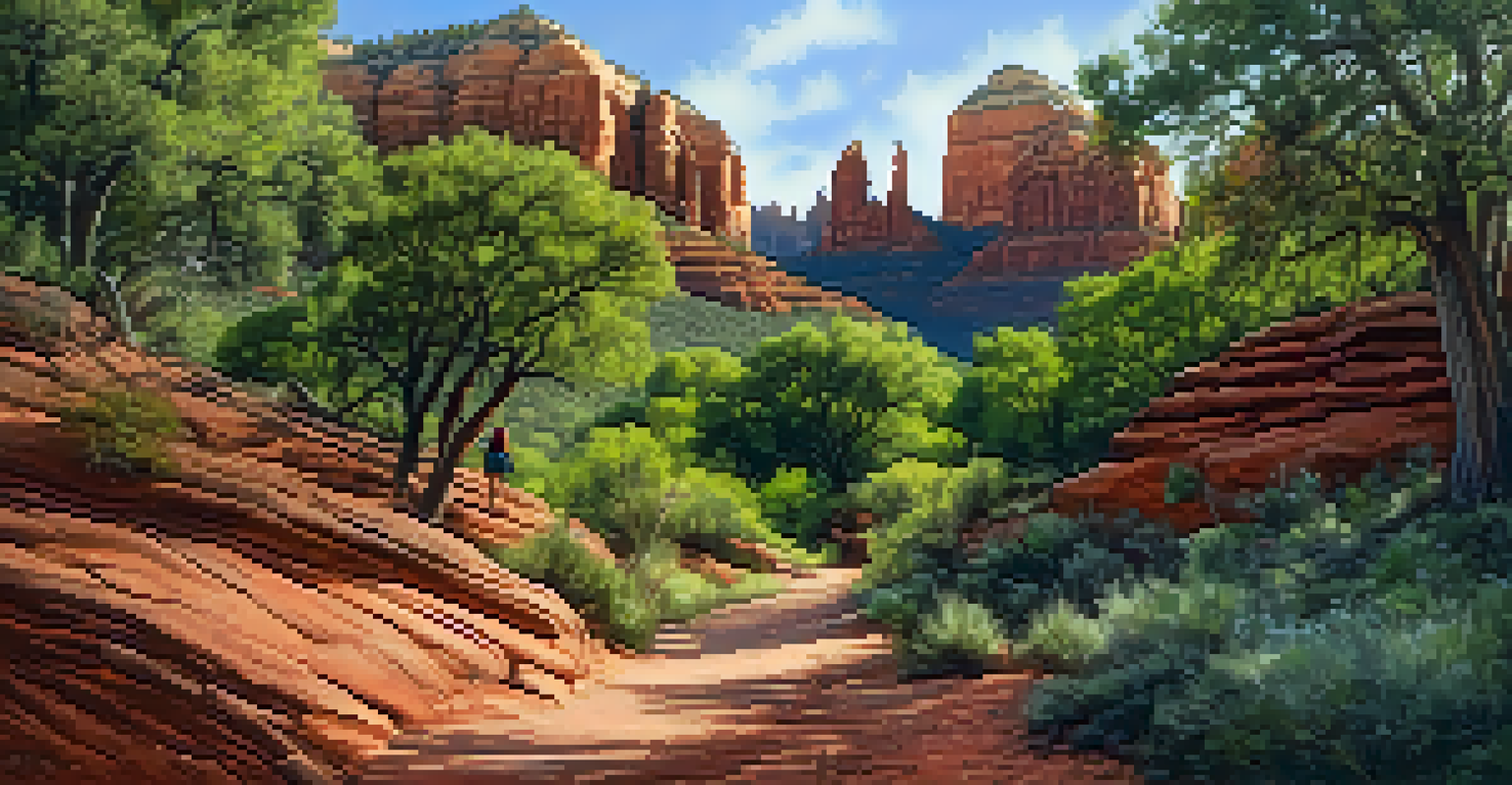 Historic trail in Sedona with hikers, surrounded by lush greenery and majestic red rock cliffs, with sunlight filtering through the trees.