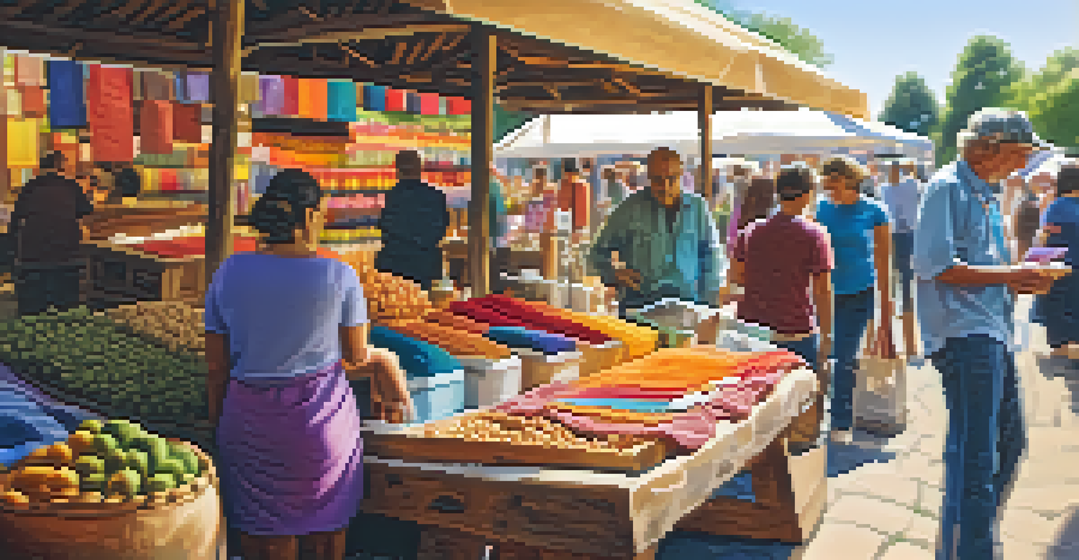 A vendor's stall at a farmers' market displaying handmade crafts and a friendly interaction with a customer.