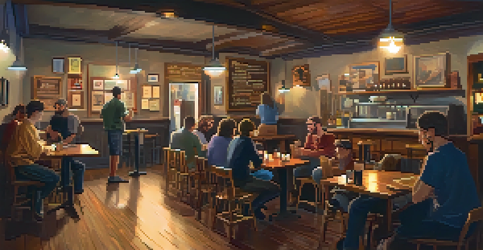 A warm and inviting coffee shop filled with people enjoying an open mic night, with a performer playing guitar on stage.