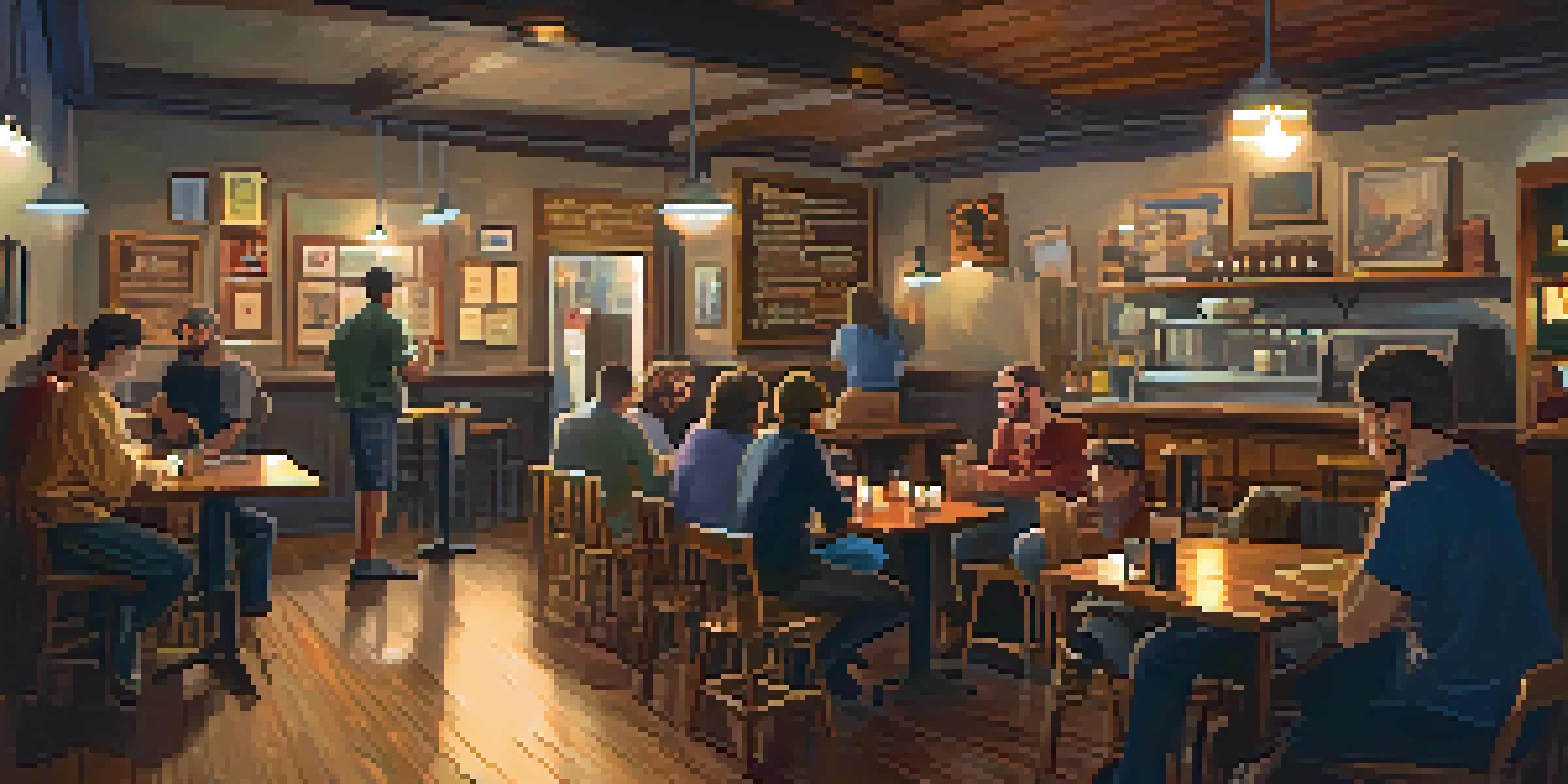 A warm and inviting coffee shop filled with people enjoying an open mic night, with a performer playing guitar on stage.