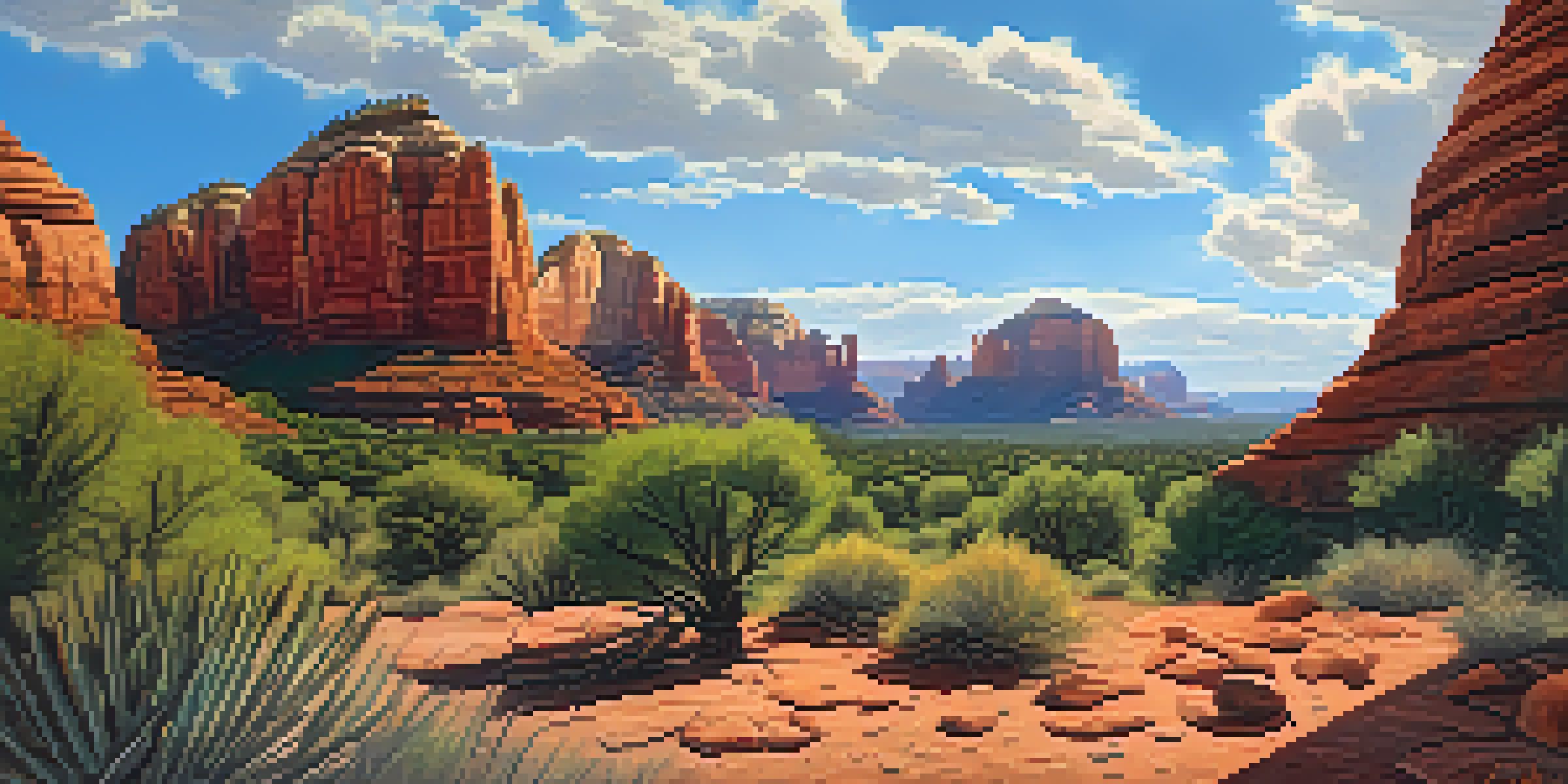 A landscape of Sedona, Arizona with red rock formations and ancient Native American petroglyphs carved into the rocks under a clear blue sky.