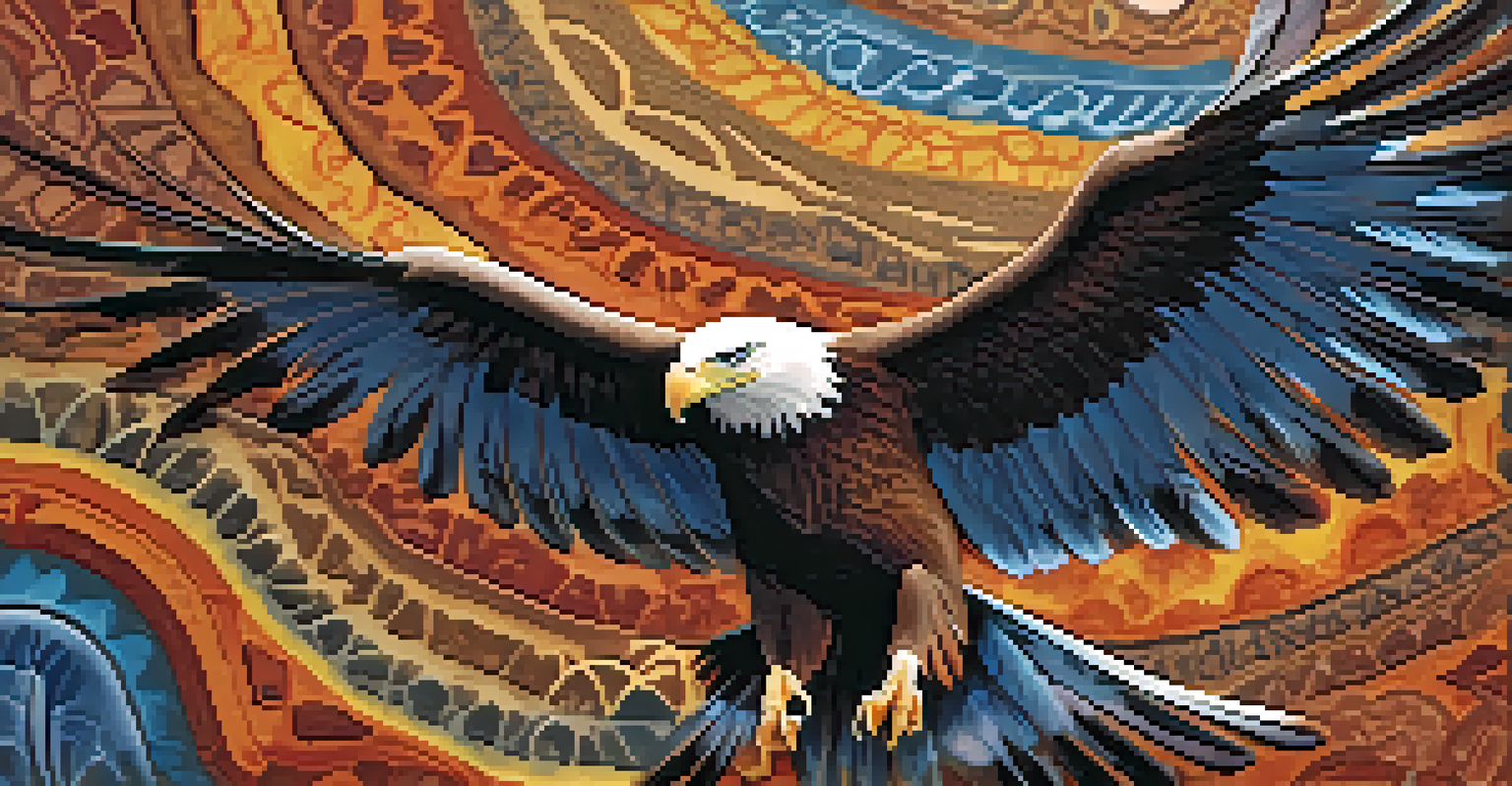 A close-up of a colorful Native American pictograph depicting an eagle and celestial motifs on a textured rock surface.