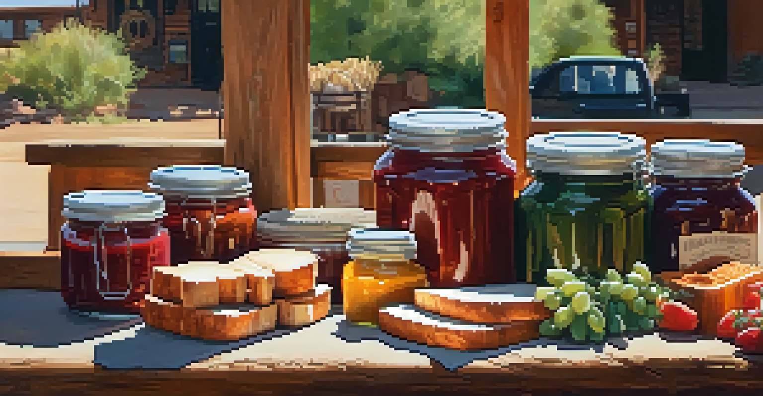 A close-up view of a vendor's table showcasing homemade jams, cheeses, and bread at Sedona's farmers' market.