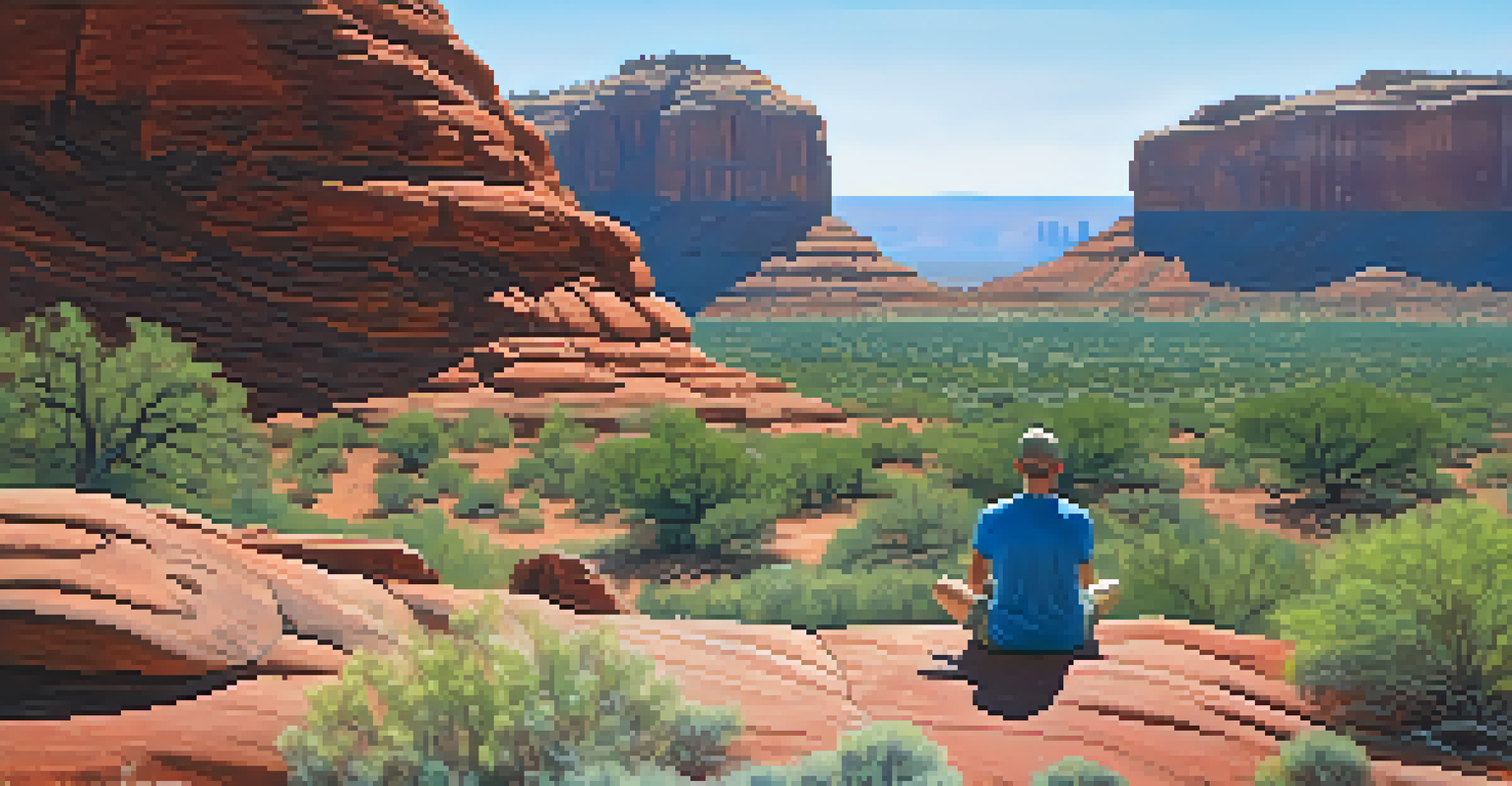 A person meditating at Bell Rock in Sedona, surrounded by red rock formations and dappled sunlight.