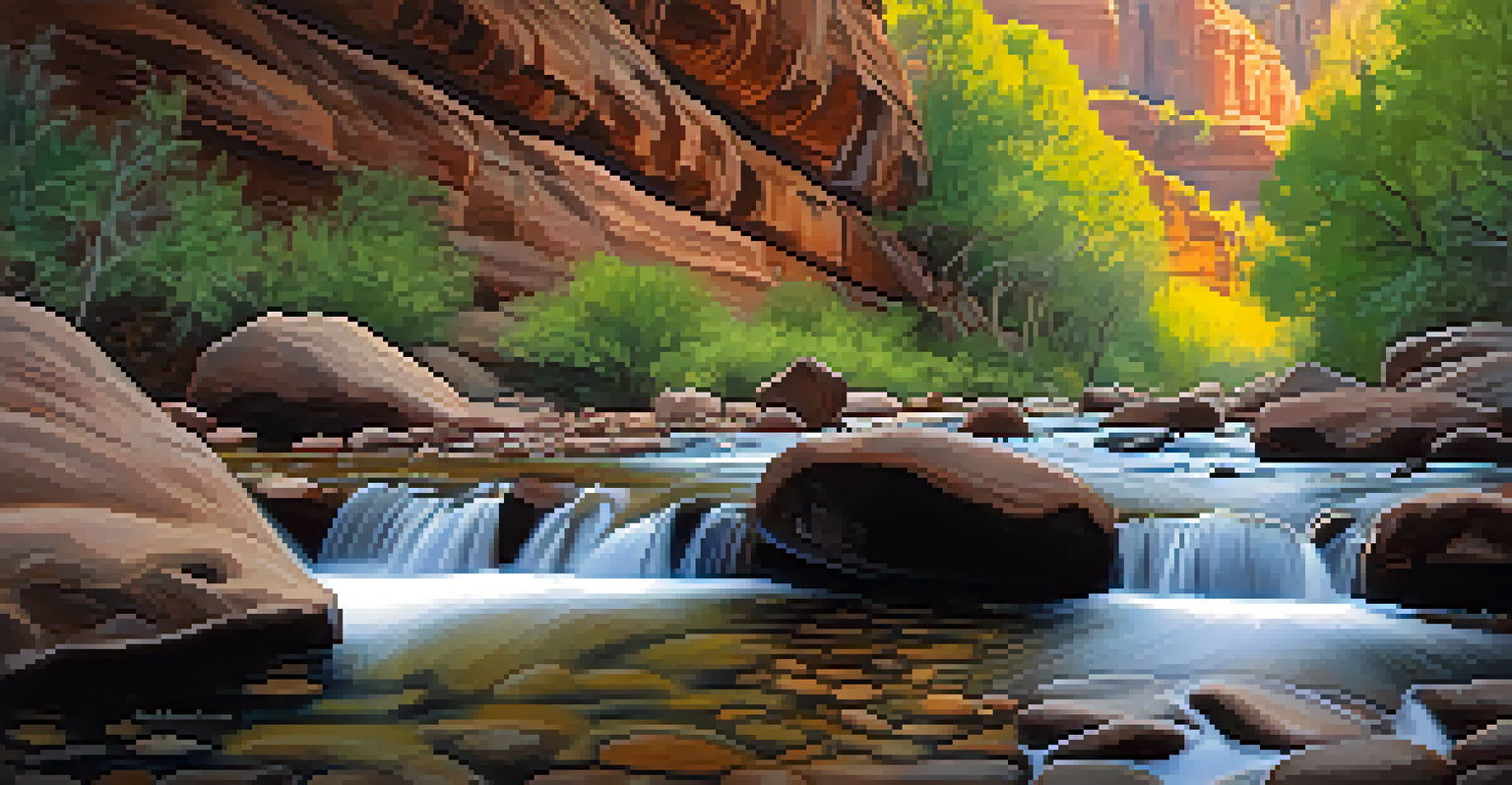 A long exposure photograph of Oak Creek Canyon, showing flowing water and detailed rocks under dappled sunlight.