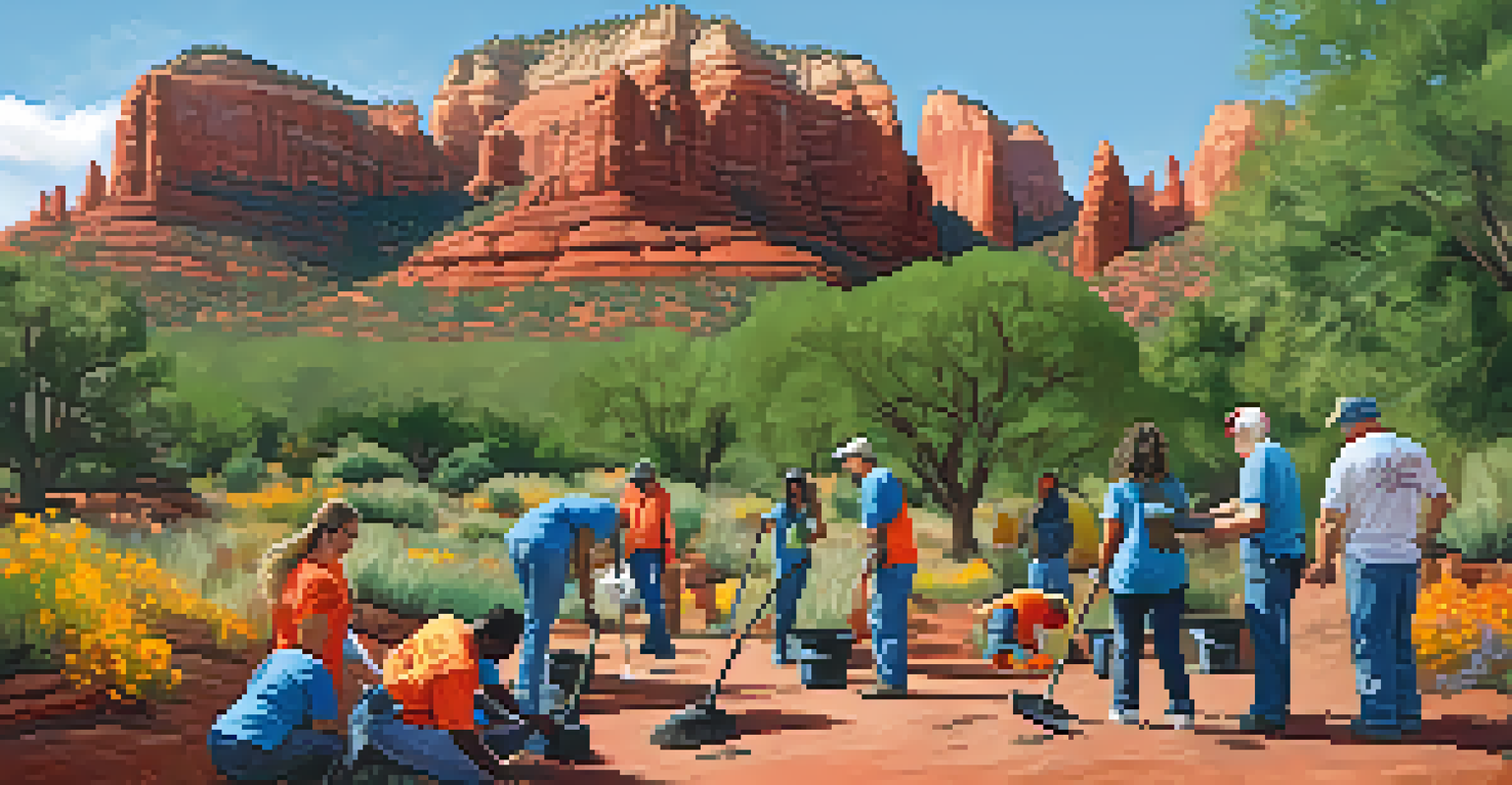 A diverse group of volunteers cleaning up a park in Sedona, surrounded by blooming flowers and red rock formations.