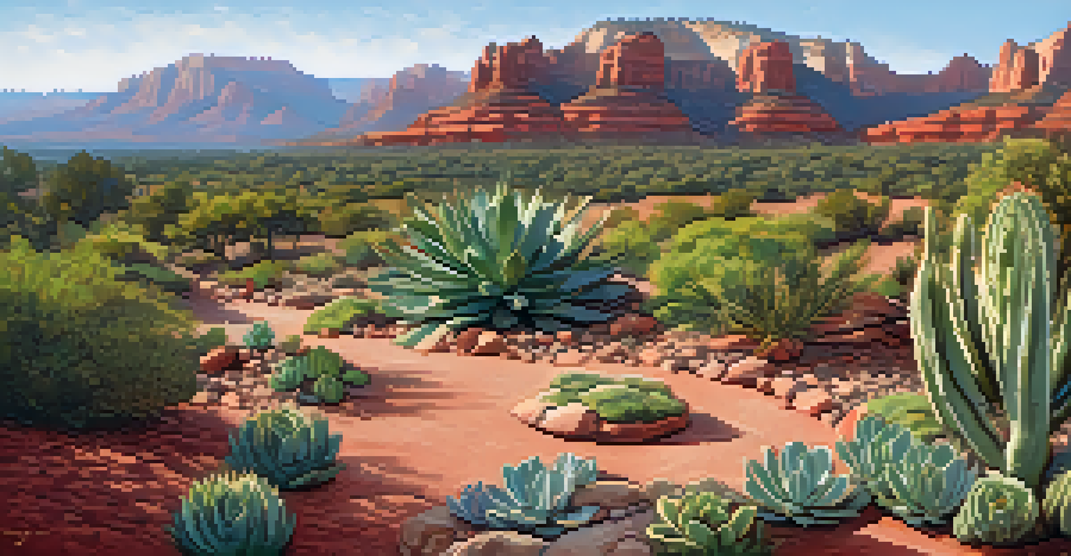 An aerial view of a xeriscaped Sedona garden with succulents and gravel paths, set against the backdrop of Sedona's rock formations.