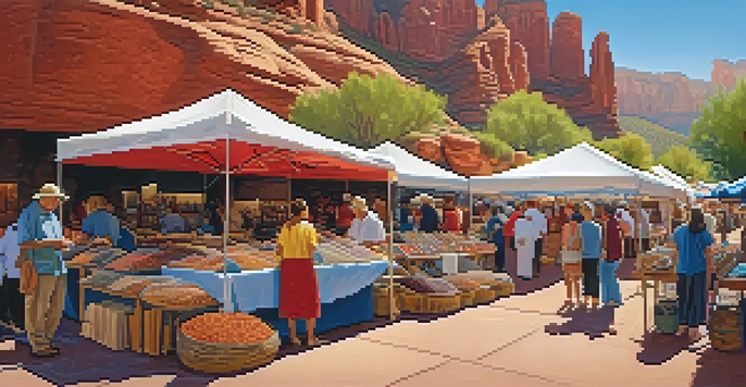 A lively artisan market with colorful stalls, local artists, and red rock formations in the background.