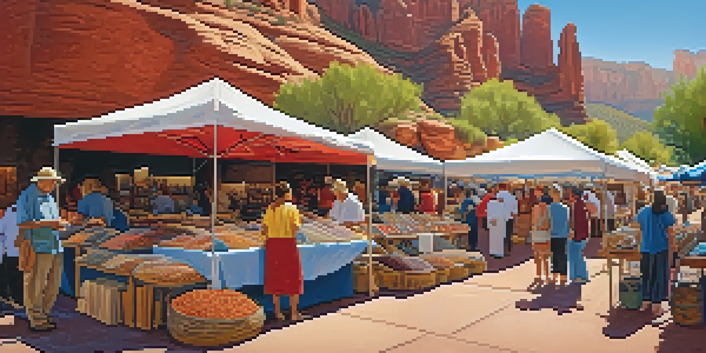 A lively artisan market with colorful stalls, local artists, and red rock formations in the background.