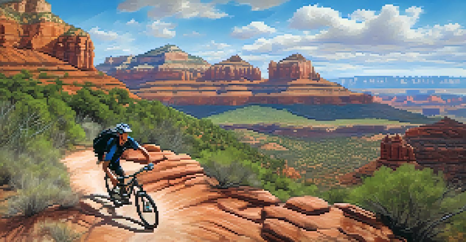 A mountain biker riding along the rim of High Line Trail with red rock formations in the distance and a bright blue sky.