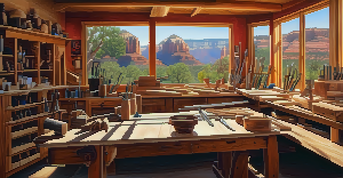 A woodworking workshop in Sedona with a local artisan named Tom working on wooden pieces, sunlight filtering through a window.