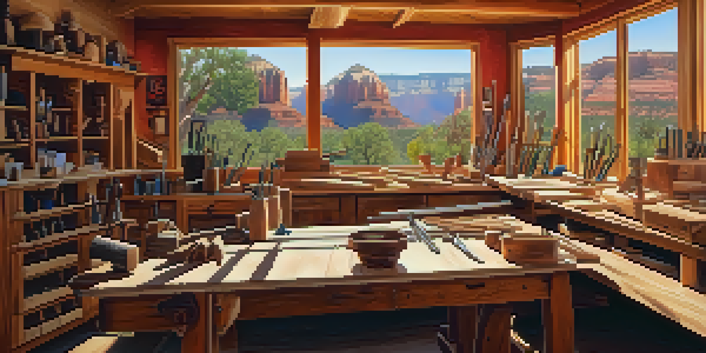 A woodworking workshop in Sedona with a local artisan named Tom working on wooden pieces, sunlight filtering through a window.