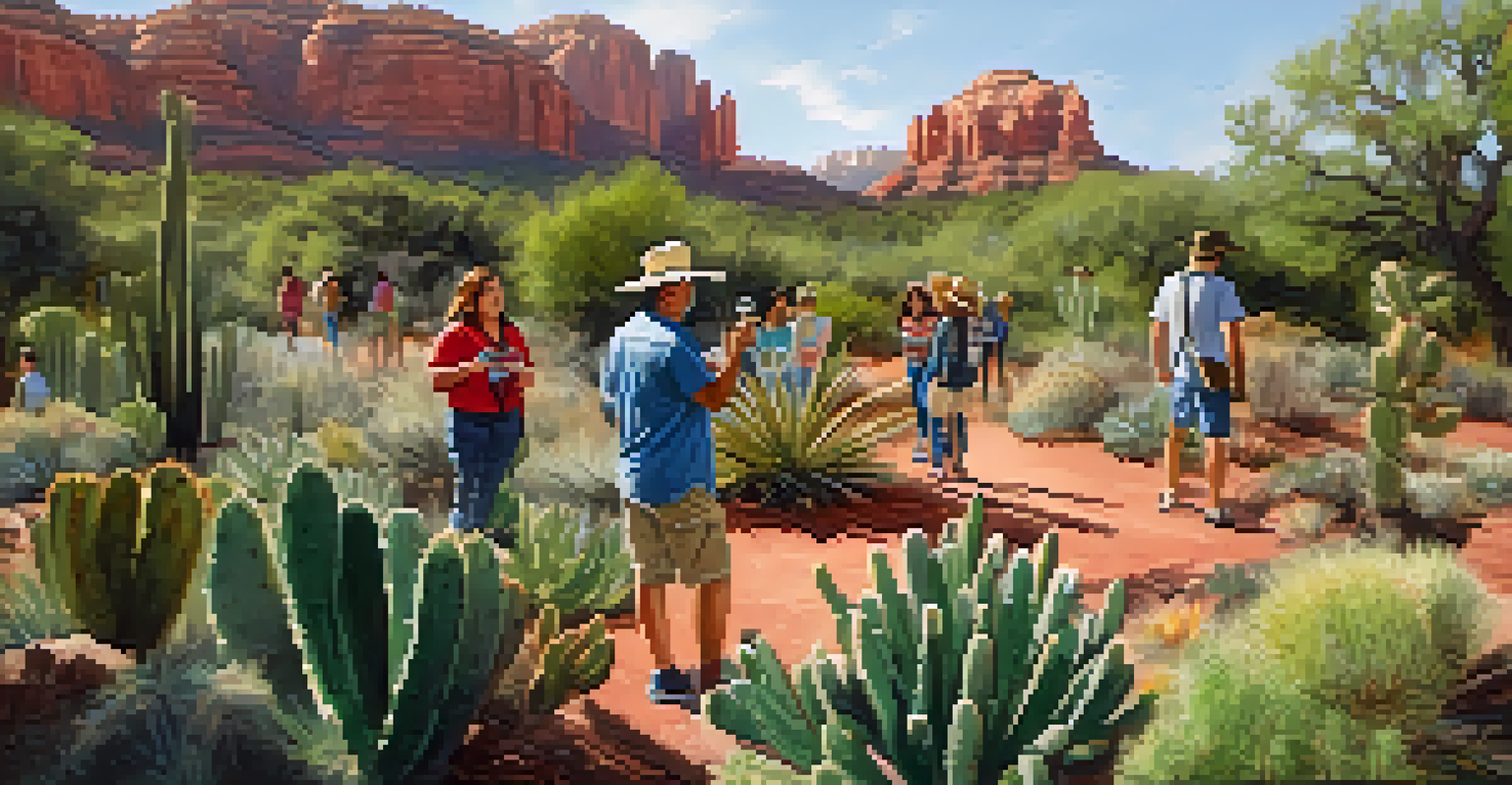 A guided tour in Sedona's Botanical Gardens, with a guide explaining a desert cactus to an attentive group of visitors, all bathed in warm sunlight.