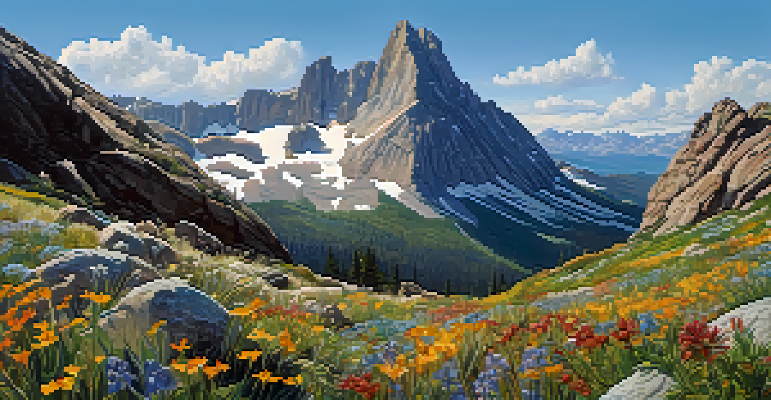 A close-up view of Lizard Head Peak with colorful wildflowers in the foreground and a blue sky.