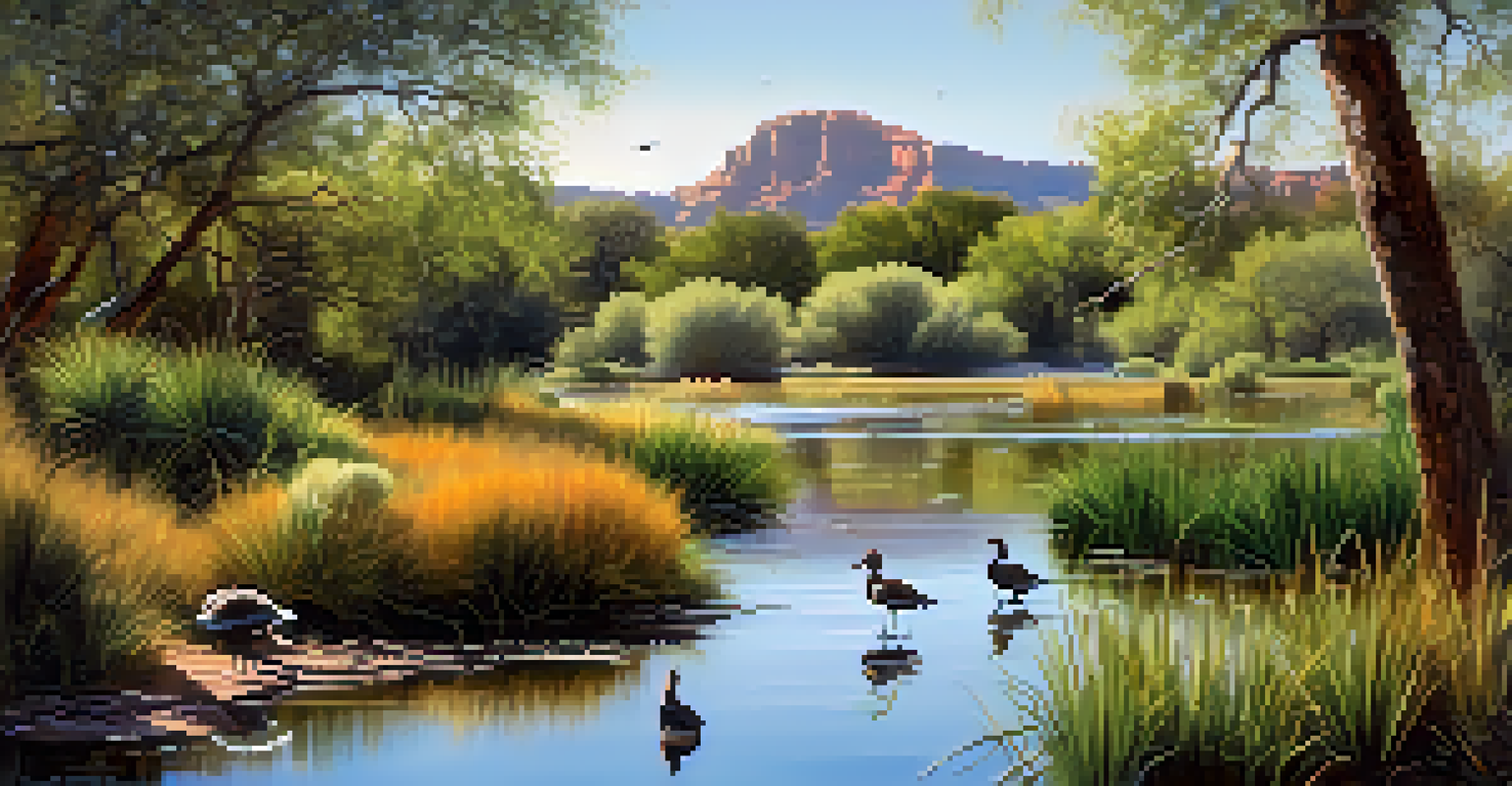 A tranquil wetlands scene in Sedona with various birds and birdwatchers enjoying the view.