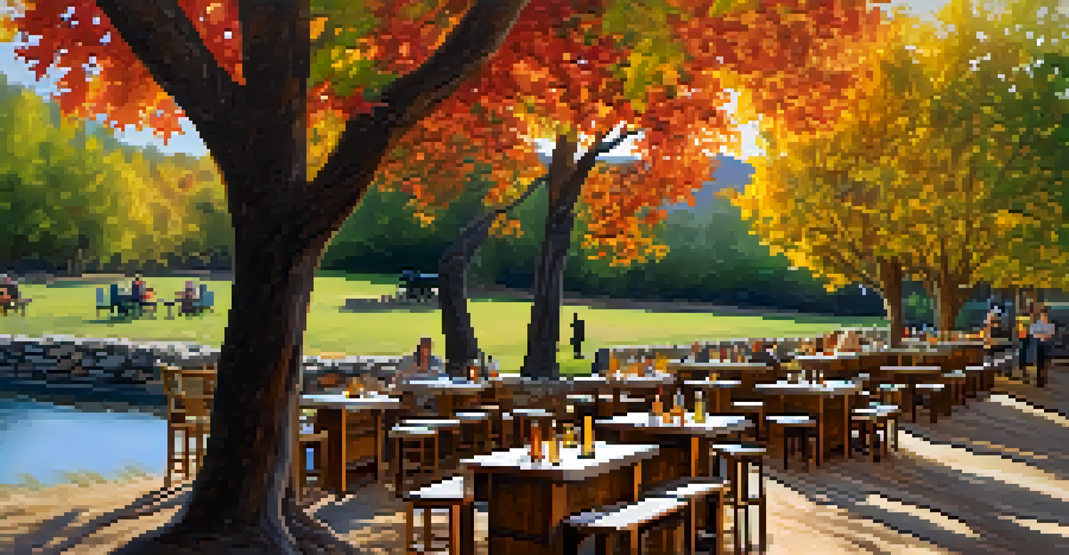 Outdoor tasting area at Page Springs Cellars with guests enjoying wine by Oak Creek surrounded by autumn trees.
