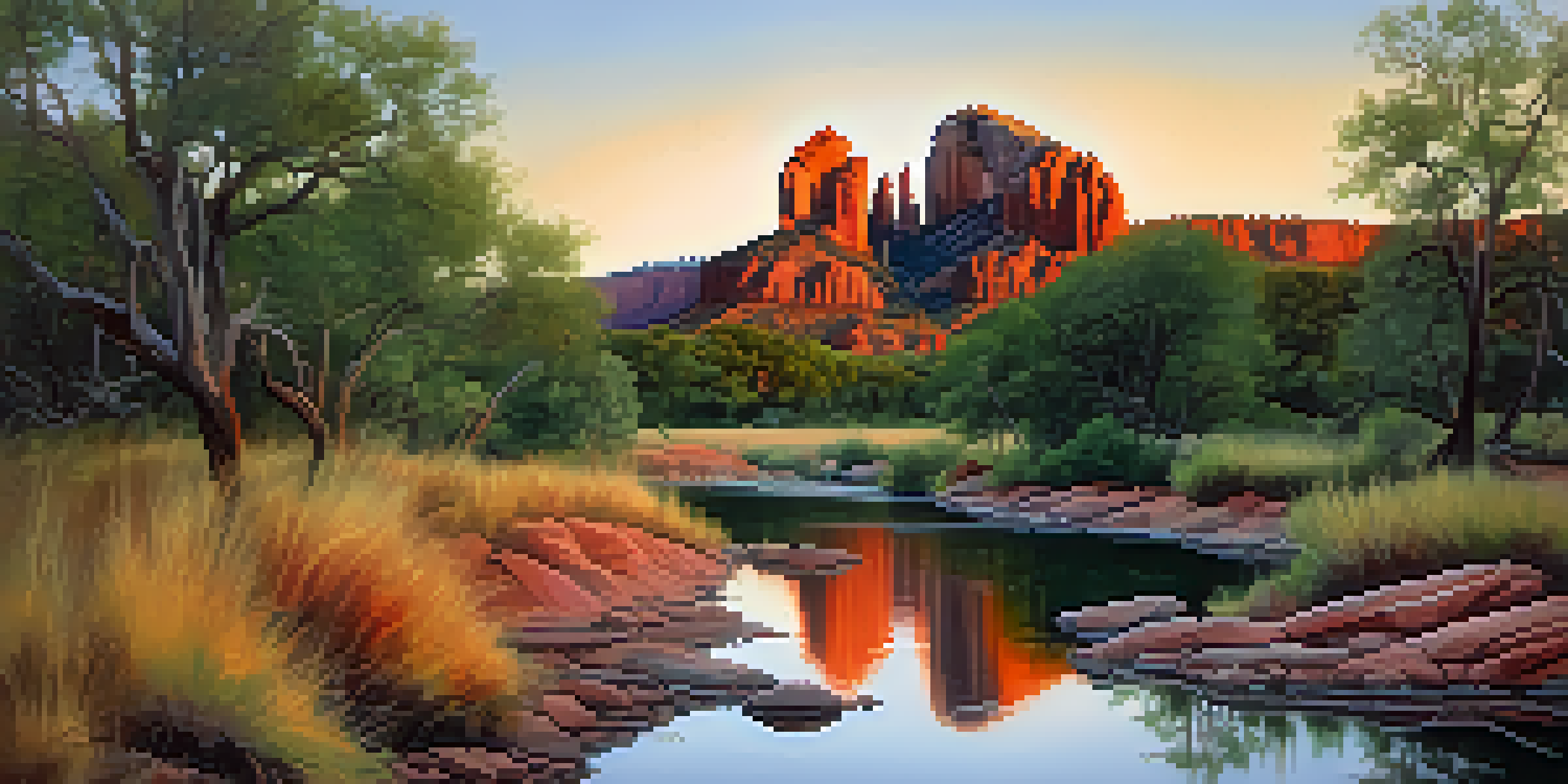 A panoramic view of Cathedral Rock during sunrise, with vibrant colors and reflections in a nearby creek.