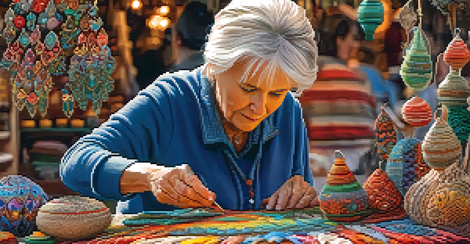 A close-up of an older woman artisan crafting ornaments at a market booth, with colorful handmade items around her.