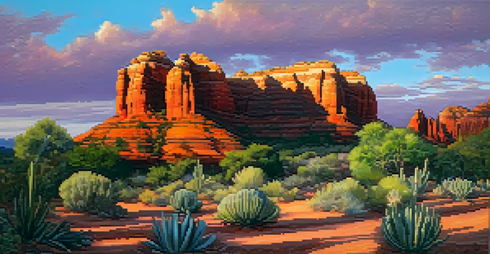 A scenic view of Sedona's red rock formations at sunset, with an art gallery in the foreground displaying sculptures.