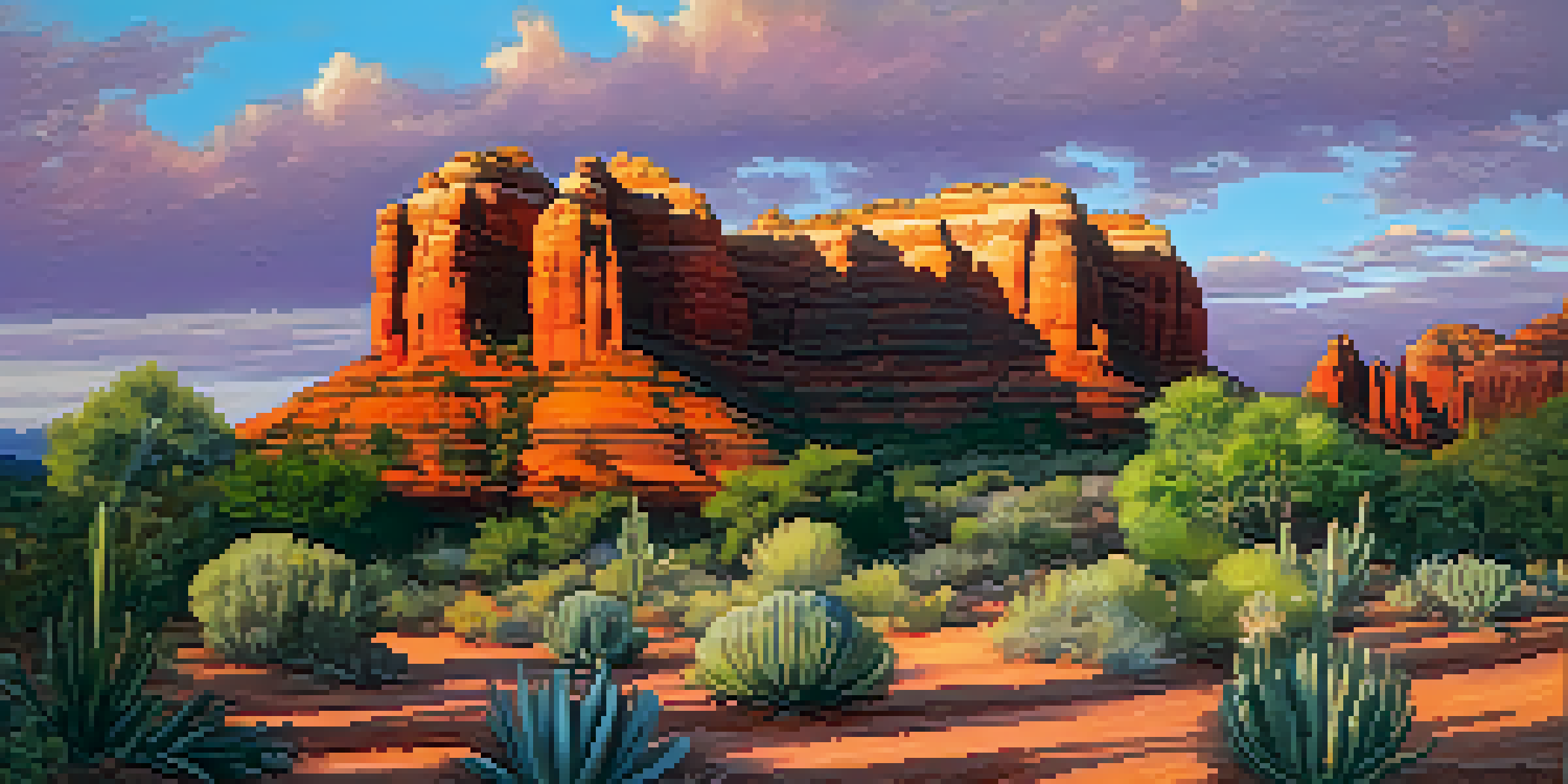 A scenic view of Sedona's red rock formations at sunset, with an art gallery in the foreground displaying sculptures.