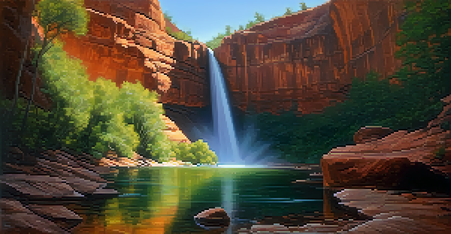 A secluded waterfall at Secret Canyon Falls, framed by red rock walls and greenery, with sunlight illuminating the cascading water.