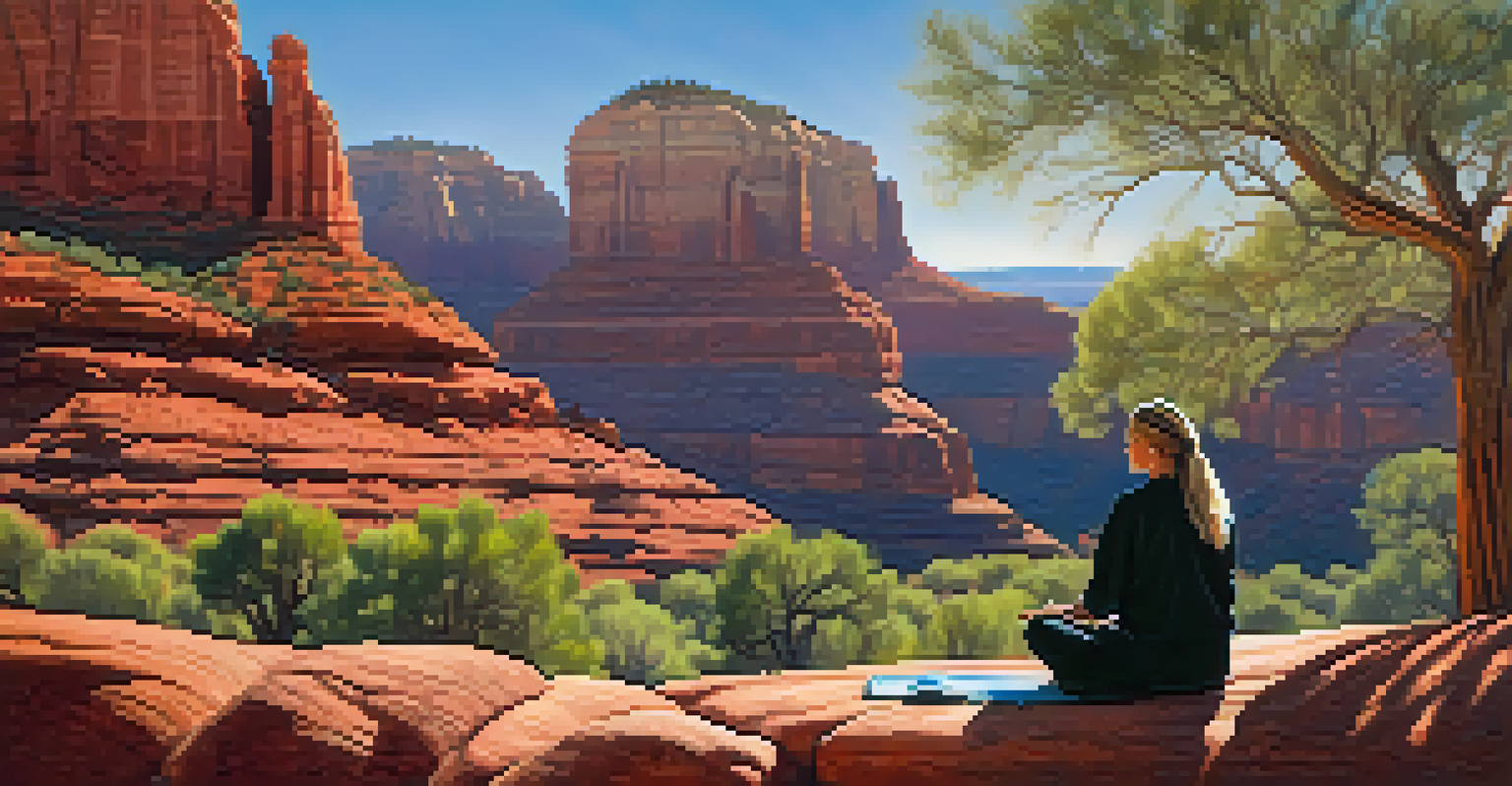 A person meditating on a rock at Airport Mesa, surrounded by red rocks and sunlight filtering through trees.