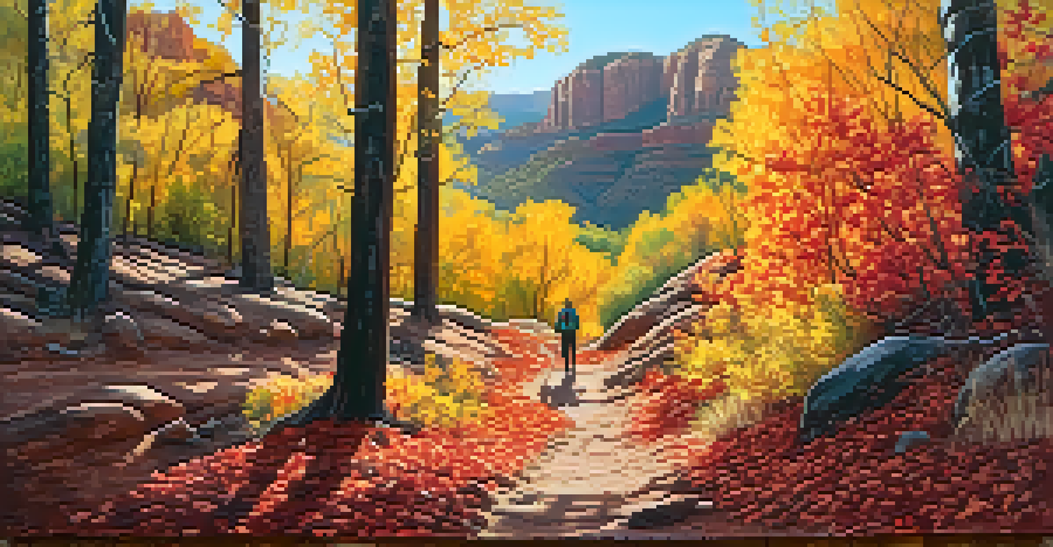 An autumn trail in Sedona with colorful leaves and a hiker enjoying the scenery.