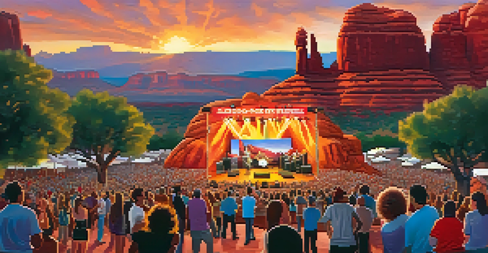 An outdoor music festival in Sedona featuring musicians on stage and a diverse audience enjoying the performance against a backdrop of red rock formations during sunset.
