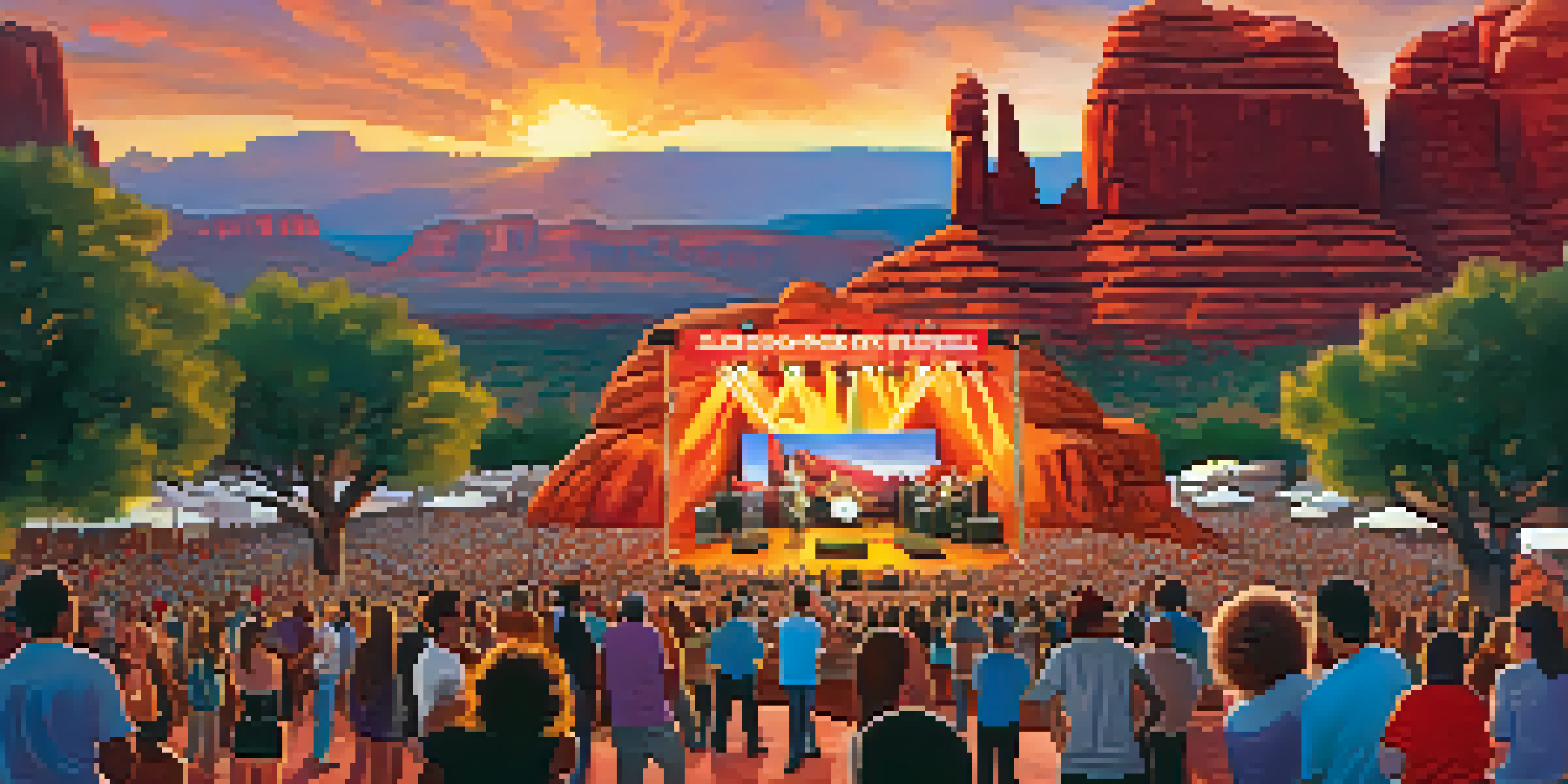 An outdoor music festival in Sedona featuring musicians on stage and a diverse audience enjoying the performance against a backdrop of red rock formations during sunset.