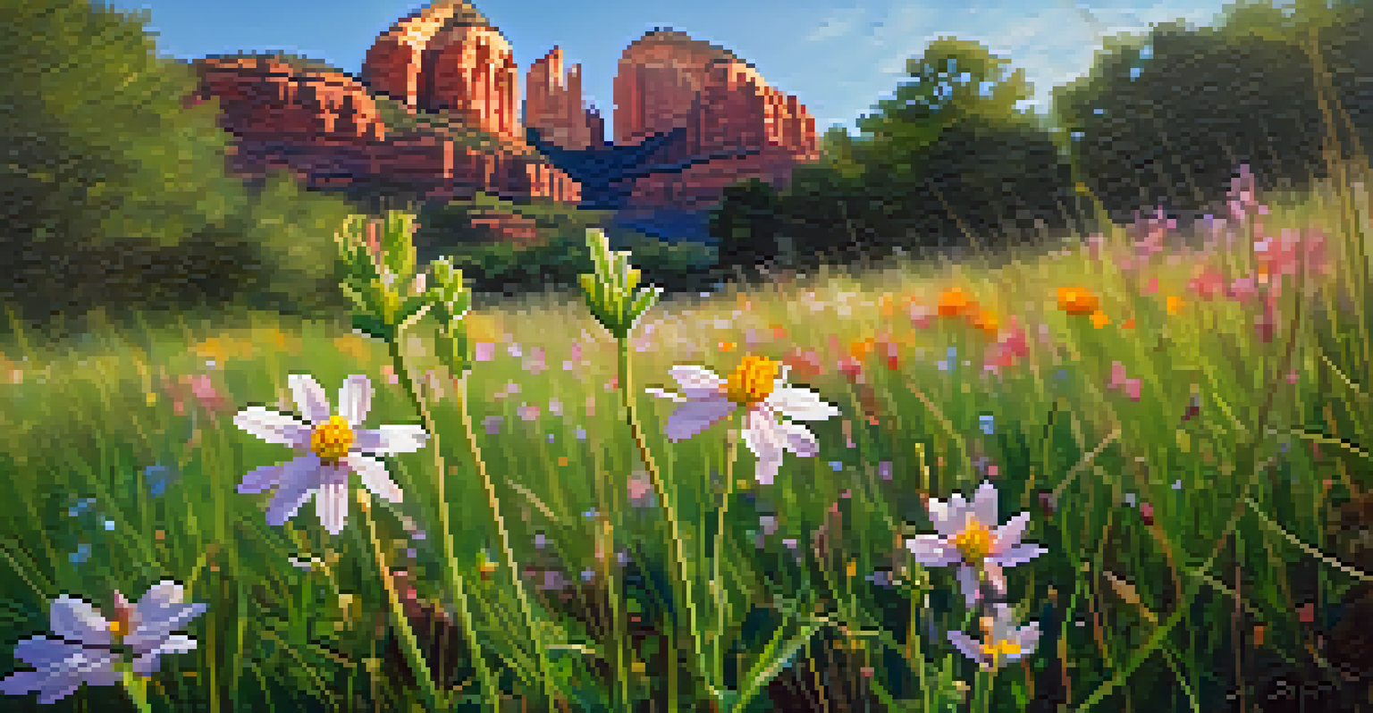 Close-up of a colorful wildflower in a green meadow with Cathedral Rock blurred in the background.