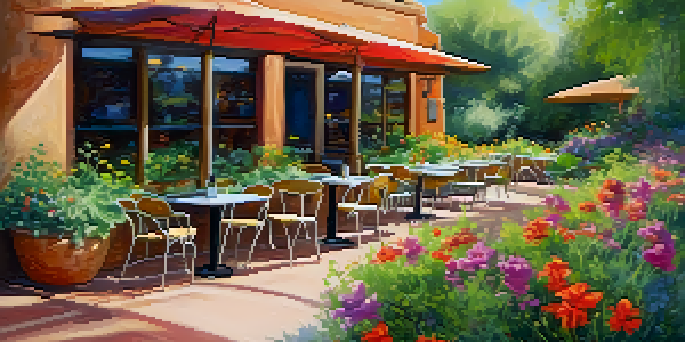 A cozy outdoor dining area at The Secret Garden Cafe with a table set for brunch, featuring avocado toast and surrounded by lush gardens.