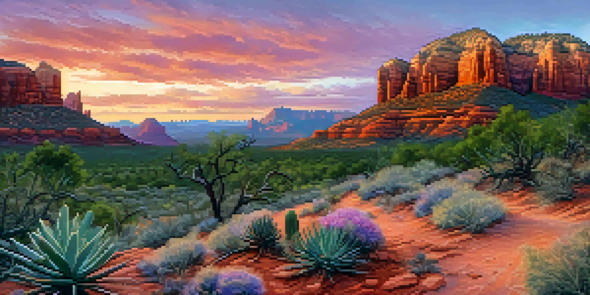 A stunning sunset over Sedona's red rock formations, featuring a winding hiking trail and desert plants in the foreground.