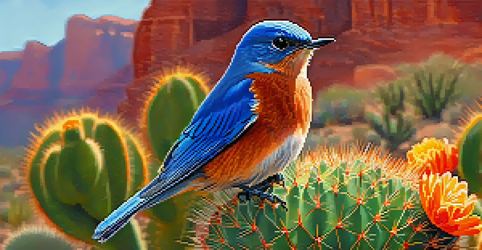 A close-up of a Western Bluebird sitting on a cactus, with bright colors and Sedona's red rocks in the background.