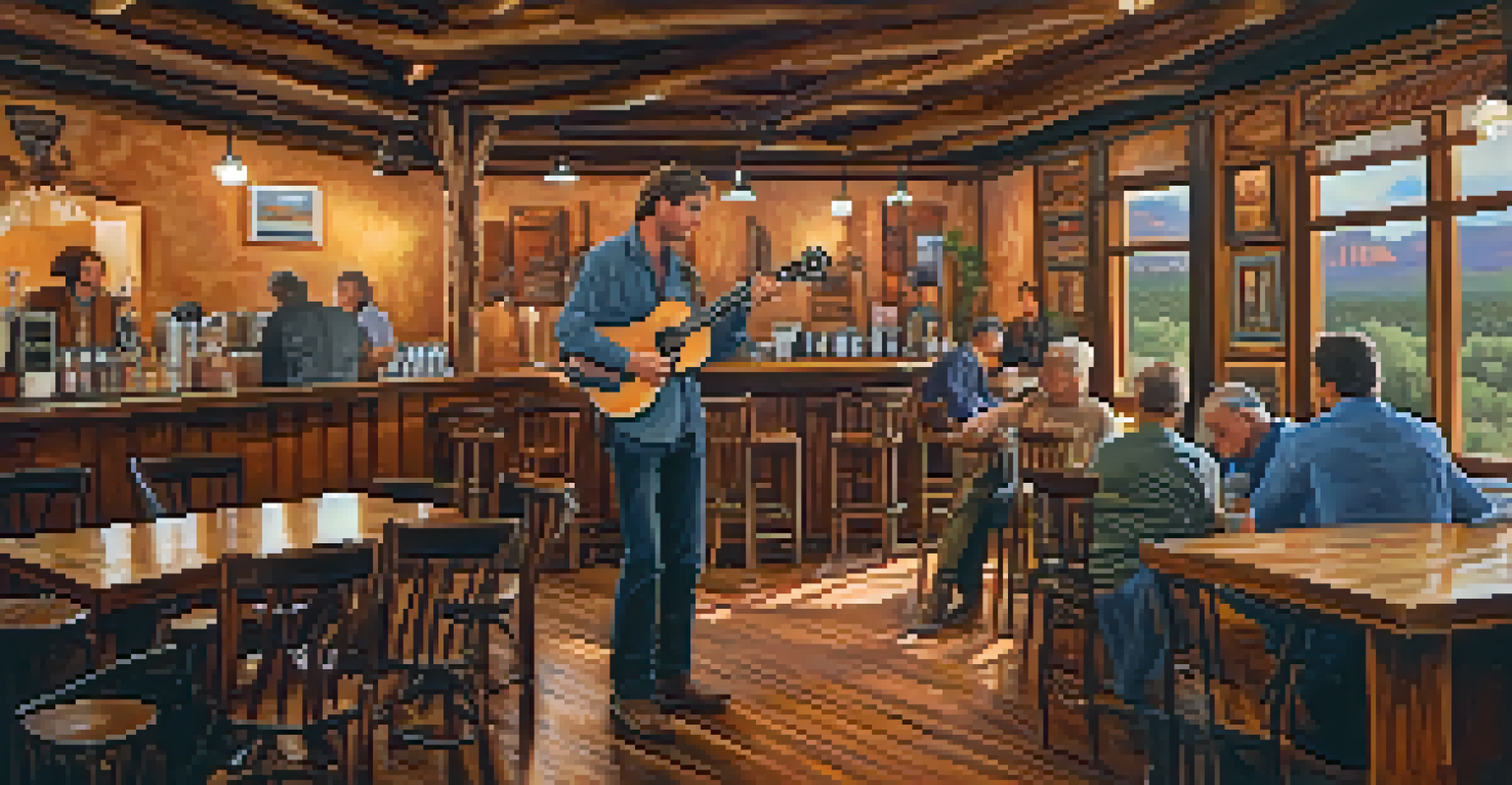 A cozy coffeehouse in Sedona with a local musician performing on stage, surrounded by patrons enjoying drinks and warm lighting.