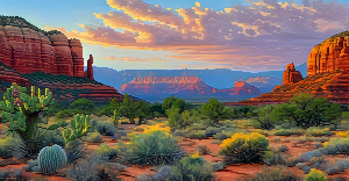 Panoramic view of Sedona's red rock formations at sunrise with native plants in the foreground.