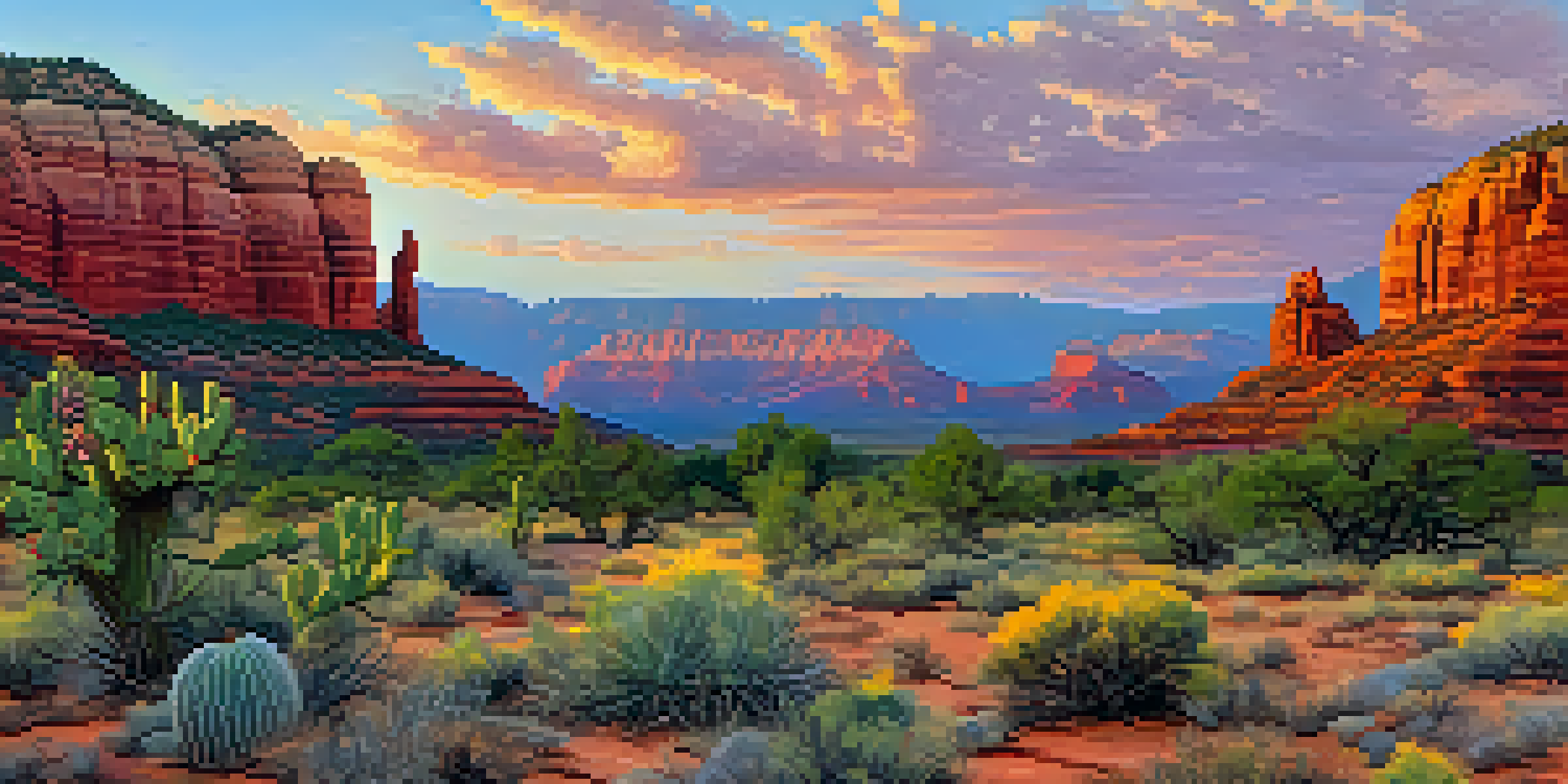 Panoramic view of Sedona's red rock formations at sunrise with native plants in the foreground.